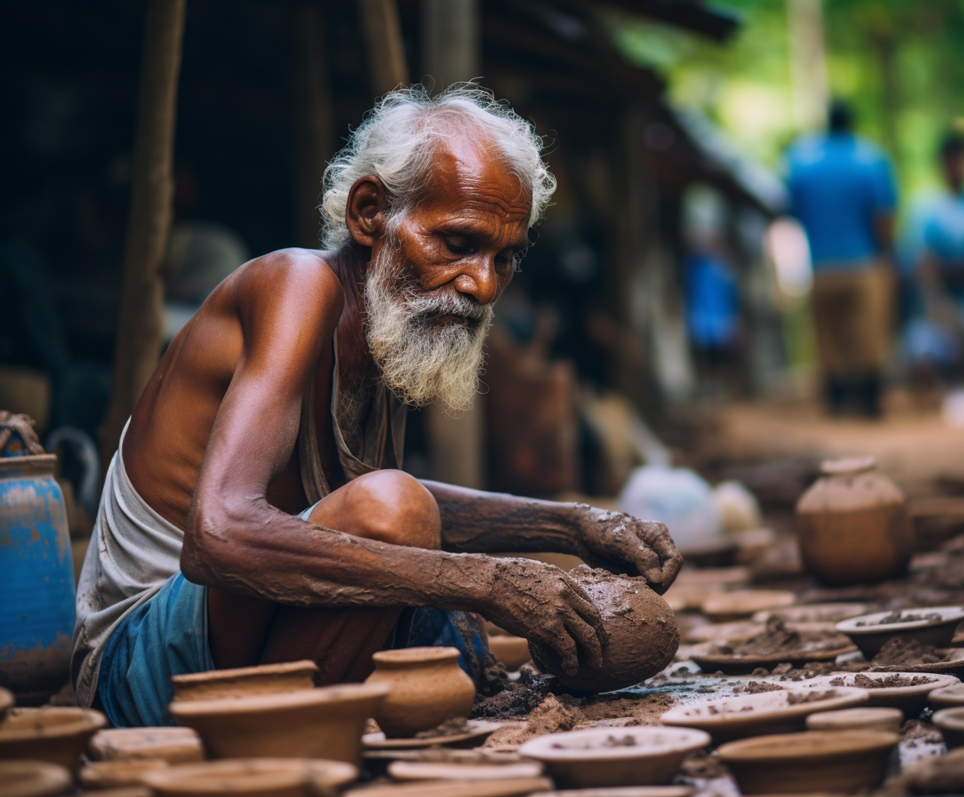 Older Man Focused on Creating Intricate Clay Objects with Precision